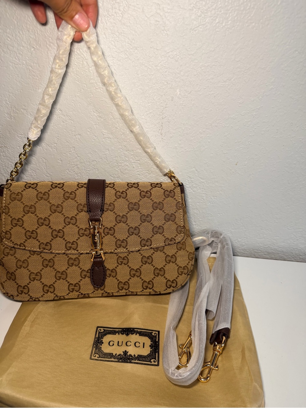 Beige Brown Canvas Shoulder Bag with Gold Hardware